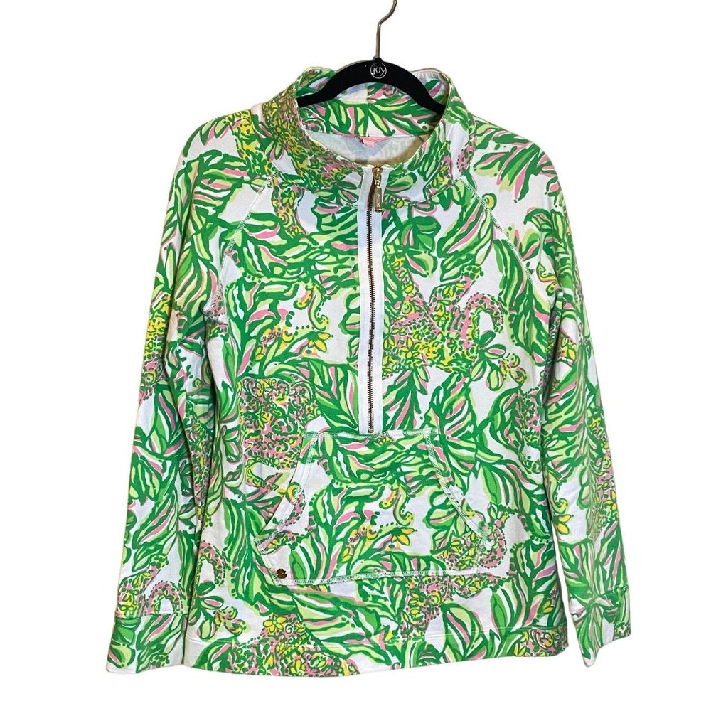 Lilly Pulitzer Women’s M Skipper Solid Popover Sweatshirt Green Palm Print - Picture 2 of 9